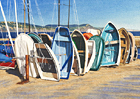 A painting of dinghies at Lyme Regis harbour, Dorset by Margaret Heath.