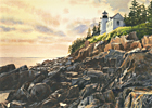 A painting of Bass Harbor Light in Maine at sunset.