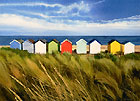 A painting of beach huts at Southwold, Suffolk by Margaret Heath.