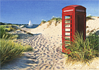 A painting of a telephone kiosk on the beach at Shell Bay, Dorset by Margaret Heath.
