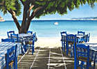 A painting of a taverna by the beach at Platys Gialos, Sifnos, Greece by Margaret Heath.