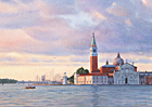 A watercolour painting of San Giorgio Maggiore at dawn by Margaret Heath RSMA.