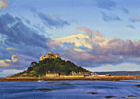 A watercolour painting of sunlit clouds over St Michael's Mount, Cornwall at dawn by Margaret Heath.