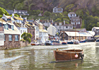 A painting of Polperro Harbour, Cornwall in early morning light by Margaret Heath.
