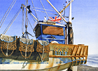 A painting of a fishing boat on Hastings beach, Sussex by Margaret Heath.