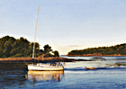 A painting of a yacht returning to York Harbor, Maine in the evening.