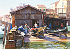 A watercolour painting of gondola repairs on Rio di San Trovaso by Margaret Heath RSMA.