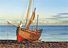 A painting of boat on the beach at Walmer, Kent at sunset by Margaret Heath.