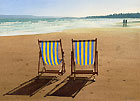A painting of deck chairs on the beach at Bournemouth, Dorset in the evening by Margaret Heath.