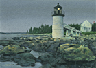 A painting of Marshall Point Light in Maine at dusk.