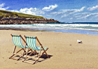 A painting of deck chairs on the beach at Crantock, Cornwall by Margaret Heath.