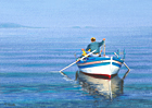 A painting of a fisherman mending nets at Faros, Sifnos, Greece by Margaret Heath.
