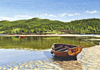 A painting of a rowing boat on the shore at Plockton, Western Highlands, Scotland by Margaret Heath.