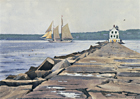 A painting of 'Heritage' passing Rockland Breakwater Light in Maine.