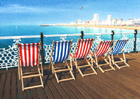 A painting of a row of deck chairs on Brighton Pier by Margaret Heath.